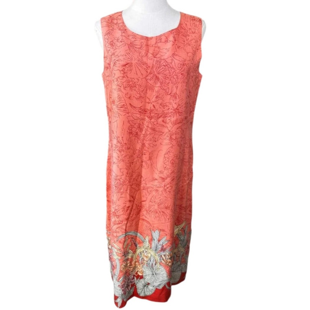 Tommy Bahama Silk Floral Border Print‎ Shift Dress Coral Pink Womens Medium